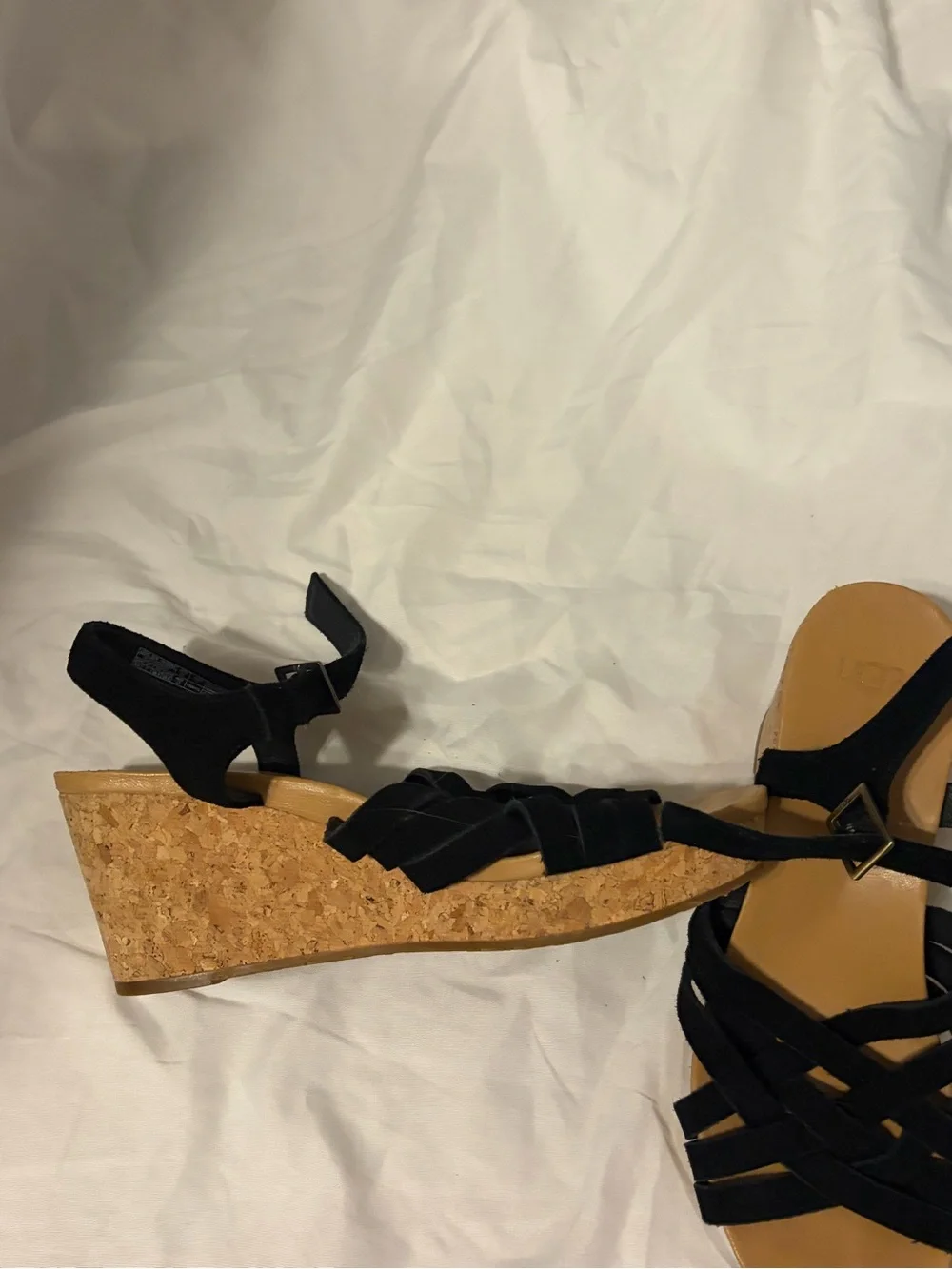UGG Black Strappy Wedge Sandals with Cork-Style Heel